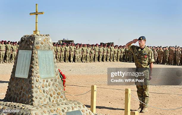 Prince William places a wreath on the memorial to the British Soliders killed in Afghanistan, during a Remembrance Day ceremony at Camp Bastion on...