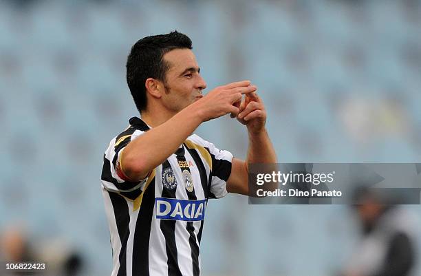 Antonio Di Natale of Udinese celebrates after scoring the 2-0 goal, his second goal, during the Serie A match between Udinese and Lecce at Stadio...