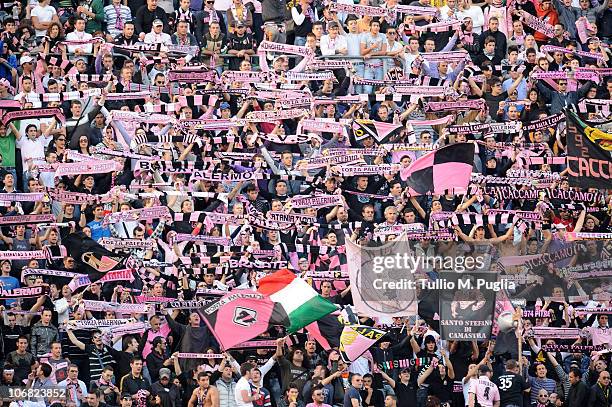 Fans of Palermo show their support during the Serie A match between Palermo and Catania at Stadio Renzo Barbera on November 14, 2010 in Palermo,...