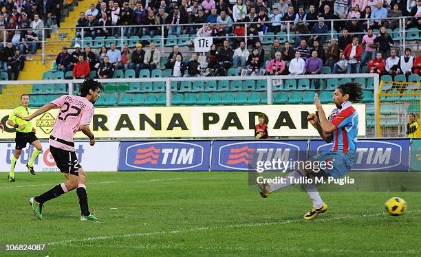 Javier Pastore of Palermo scores his third goal during the Serie A