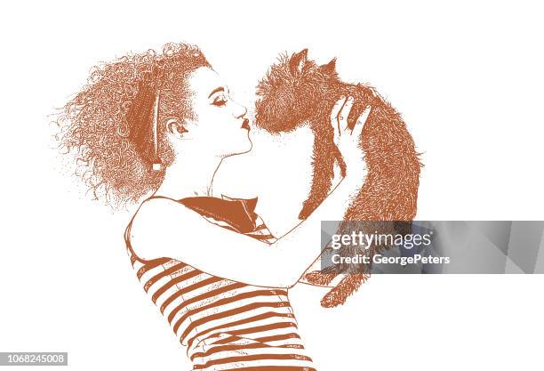 frau trägt vintage 1950 mode hund küssen - sepia stock-grafiken, -clipart, -cartoons und -symbole