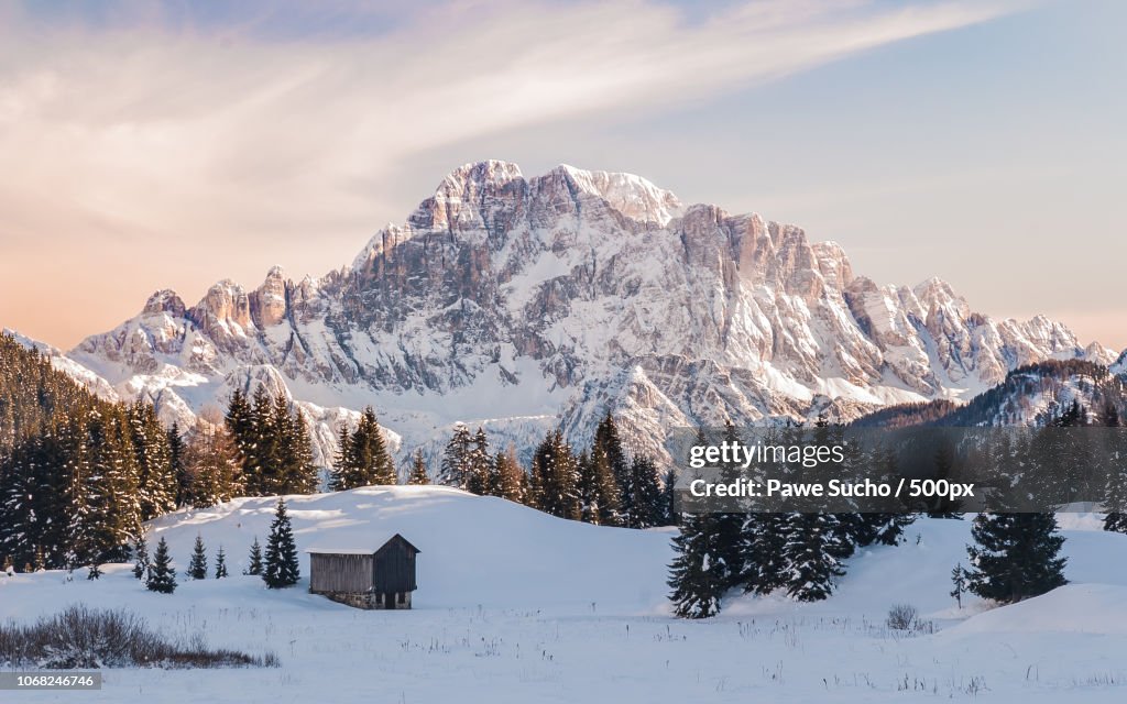 Winter view of Val Badia, Dolomites, Italy