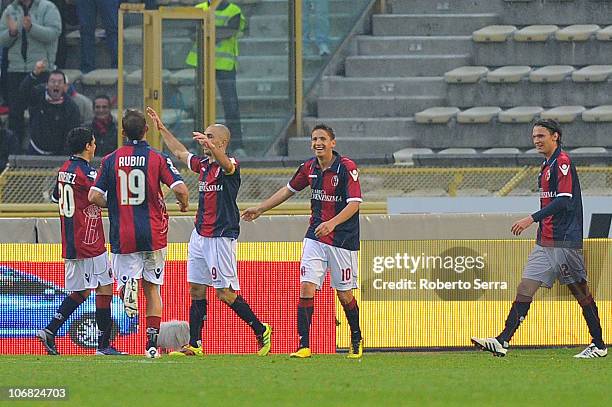 Marco Di Vaio and the players of Bologna celebrate a goal during the Serie A match between Bologna and Brescia at Stadio Renato Dall'Ara on November...