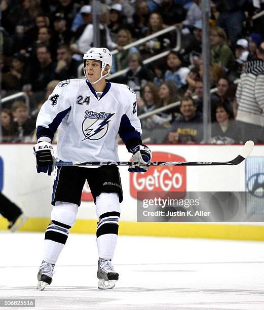 Johan Harju of the Tampa Bay Lightning skates in his first NHL game against the Pittsburgh Penguins at Consol Energy Center on November 12, 2010 in...