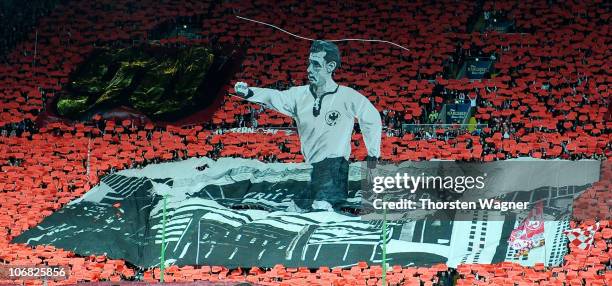 Fans of Kaiserslautern honor Fritz Walter prior to the Bundesliga match between 1.FC Kaiserslautern and VFB Stuttgart at Fritz-Walter-Stadion on...