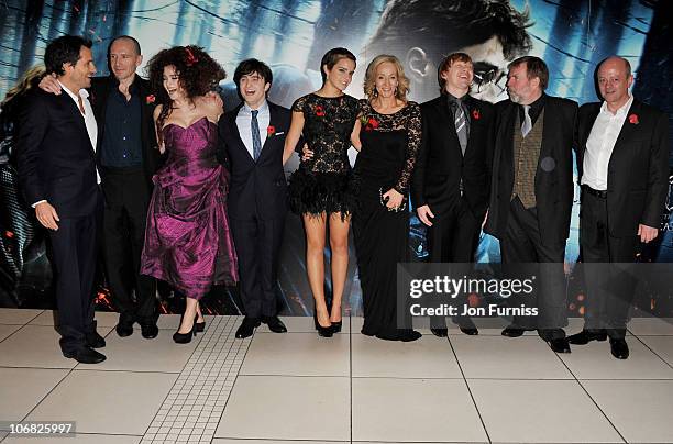 Actors Ralph Fiennes, Helena Bonham Carter, Daniel Radcliffe, Emma Watson, author J. K. Rowling, Rupert Grint and Timothy Spall attend the world...