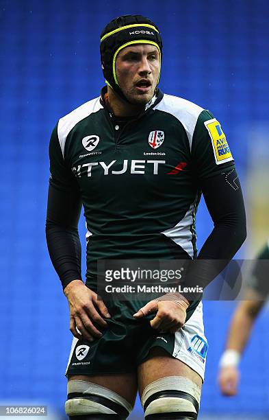 Kieran Low of London Irish in action during the LV Anglo Welsh Cup match between London Irish and Scarlets at the Madejski Stadium on November 14,...