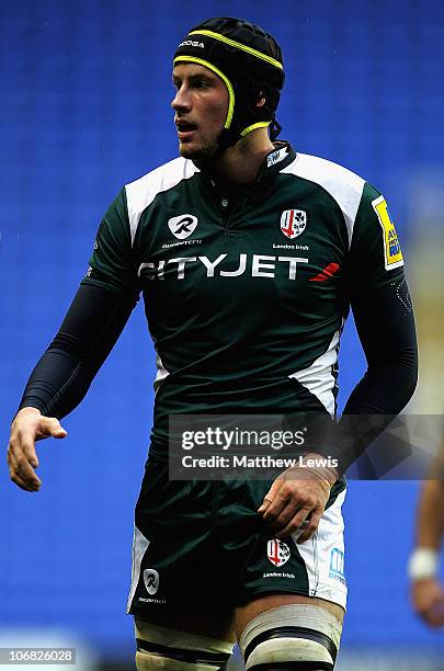Kieran Low of London Irish in action during the LV Anglo Welsh Cup match between London Irish and Scarlets at the Madejski Stadium on November 14,...