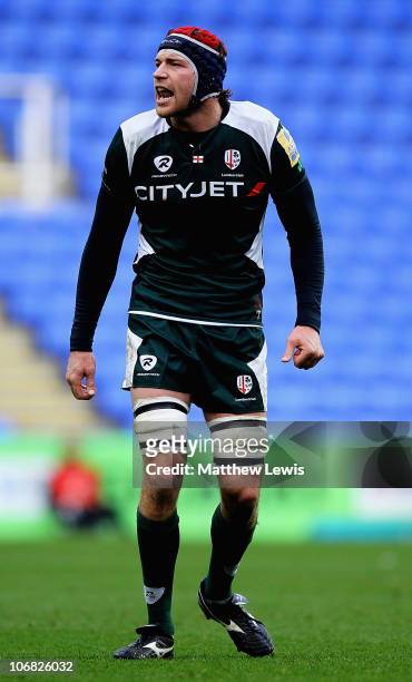 Nick Kennedy of London Irish in action during the LV Anglo Welsh Cup match between London Irish and Scarlets at the Madejski Stadium on November 14,...