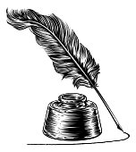 Writing Quill Feather Pen and Ink Well