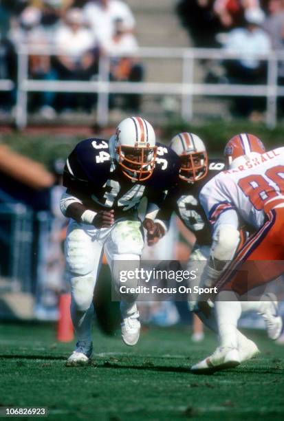 Bo Jackson of the Auburn Tigers runs a pass rout against the Florida Gators during an NCAA college football game at Jordan-Hare Stadium October 29,...