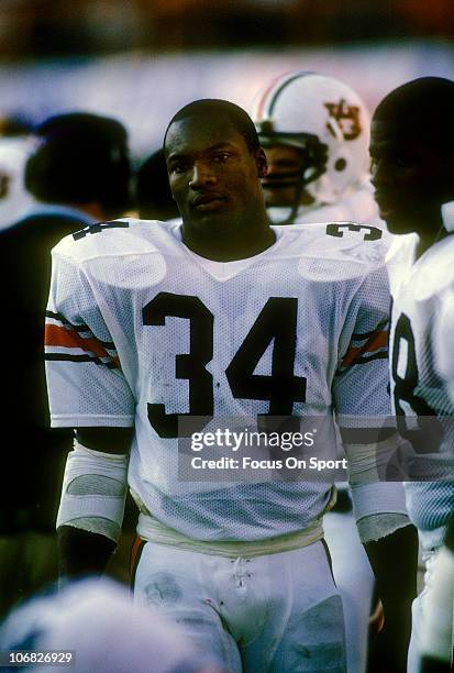 Bo Jackson of the Auburn Tigers looking on from the sidelines during an NCAA college football game circa 1983. Jackson played for the University of...