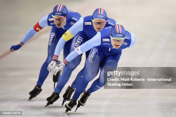 Sverre Lunde Pedersen, Simen Spieler Nilsen and Havard Bokko of Norway compete during the Men's Team Pursuit on day one of the ISU World Cup Speed...