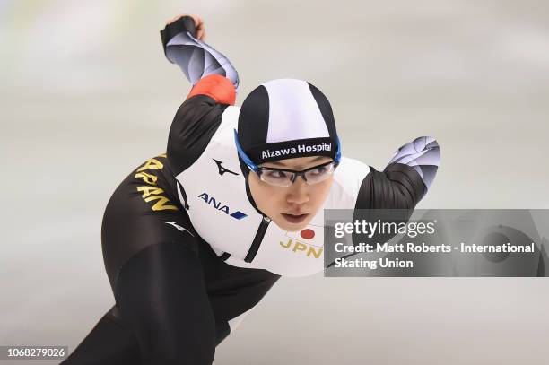 Nao Kodaira of Japan competes during the Women's 500m division A race on day one of the ISU World Cup Speed Skating at Meiji Hokkaido-Tokachi Oval on...