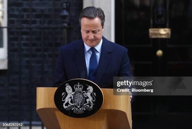 David Cameron, U.K. Prime minister and leader of the Conservative Party, reacts after delivering his resignation speech in Downing Street following...