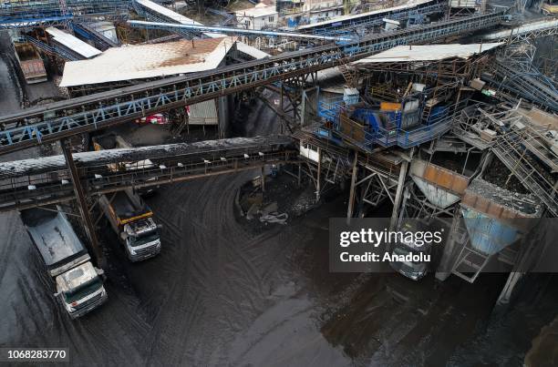 An aerial view of a lignite coal mine quarry is seen in Soma district of Manisa, which is the most significant lignite coal mine resource in Turkey,...