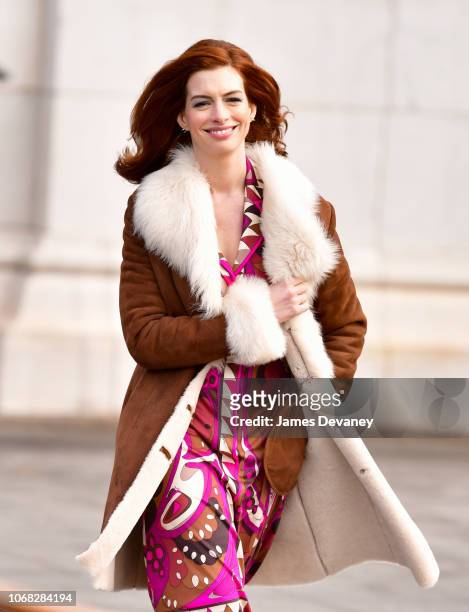 Anne Hathaway seen on location for 'Modern Love' in Manhattan on December 3, 2018 in New York City.