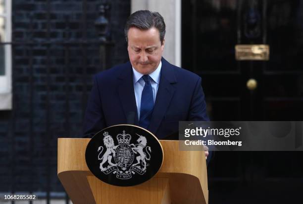 David Cameron, U.K. Prime minister and leader of the Conservative Party, reacts after delivering his resignation speech in Downing Street following...