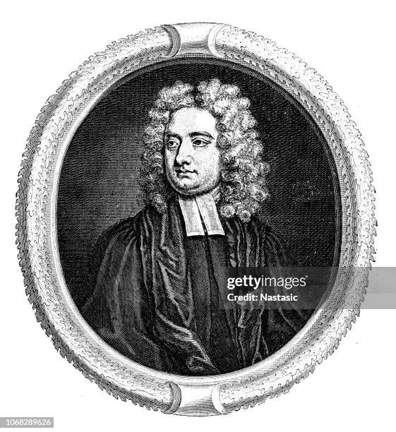 jonathan swift (30 november 1667 – 19 october 1745) was an anglo-irish satirist, essayist, political pamphleteer , poet and cleric who became dean of st patrick's cathedral, dublin - famous authors stock illustrations