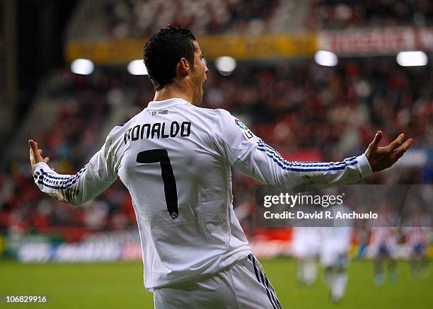 Cristiano Ronaldo of Real Madrid reacts during the La Liga match between Sporting Gijon and Real Madrid at El Molinon Stadium on November 14, 2010 in...