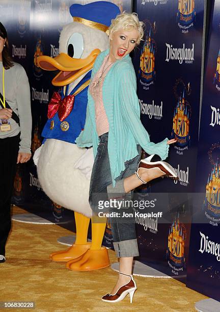 Christina Aguilera with Donald Duck, during Disneyland 50th Anniversary "Happiest Homecoming on Earth" Celebration - Arrivals and Fireworks at...