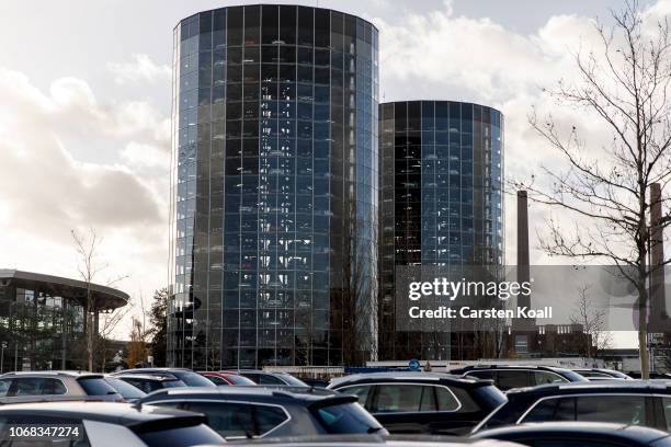 Cars sit in a parking area near the twin car towers at the Volkswagen Autostadt visitors center on December 4, 2018 in Wolfsburg, Germany....