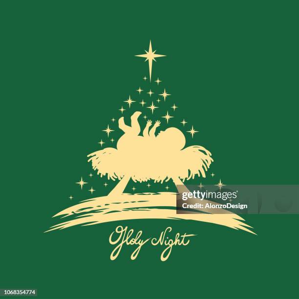 baby jesus. weihnachtsbaum - nativity scene stock-grafiken, -clipart, -cartoons und -symbole