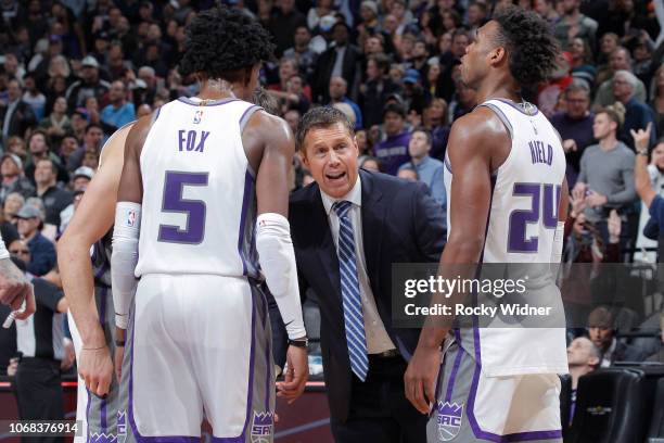 Head coach Dave Joerger of the Sacramento Kings coaches his team against the Indiana Pacers on December 1, 2018 at Golden 1 Center in Sacramento,...