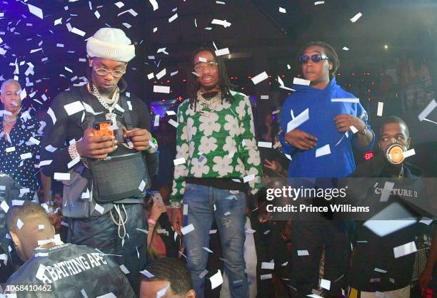 Offset, Quavo and Takeoff of the group Migos and attend a Party at Story Nightclub on November 15, 2018 in Miami Beach, Florida.