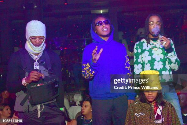 Offset, Quavo and Takeoff of the group Migos attend Migos official Concert After Party at Story Nightclub on November 15, 2018 in Miami Beach,...