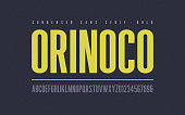 Orinoko condensed bold san serif vector font, alphabet, typeface, uppercase letters and numbers.