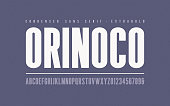 Orinoko condensed extrabold san serif vector font, alphabet, typeface, uppercase letters and numbers.