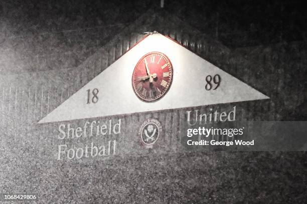 General view of clock and Sheffield United badge on top of a stand during the Sky Bet Championship match between Sheffield United and Sheffield...