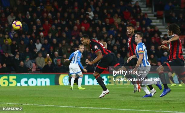 Callum Wilson of AFC Bournemouth scores his team's first goal during the Premier League match between AFC Bournemouth and Huddersfield Town at...