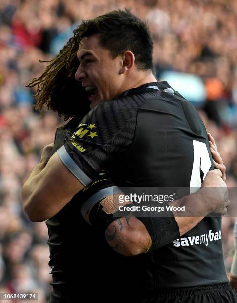 Kevin Proctor and Joseph Manu of New Zealand celebrate during the International Series match between England and New Zealand at Elland Road on...
