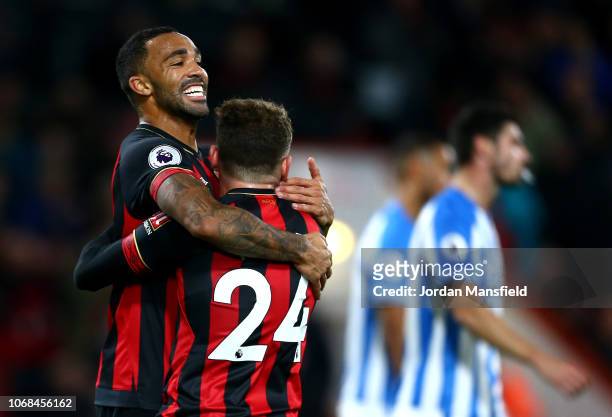 Ryan Fraser of AFC Bournemouth celebrates with teammate Callum Wilson of AFC Bournemouth after scoring his team's second goal during the Premier...