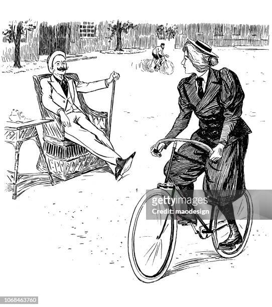 ilustrações, clipart, desenhos animados e ícones de parece de mulher em uma bicicleta para um homem sentado - 1896 - 1896