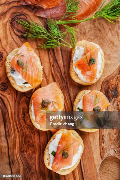 smoke salmon tapas - crostini stock pictures, royalty-free photos & images