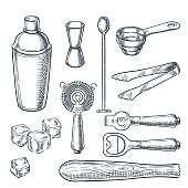 Cocktail bar tools and equipment vector sketch illustration. Hand drawn icons and design elements for bartender work