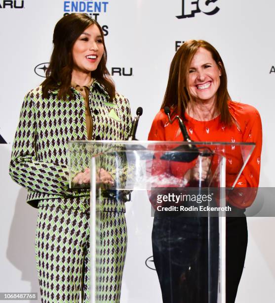 Actors Gemma Chan and Molly Shannon speak onstage at the 2019 Film Independent Spirit Awards Nomination Press Conference at W Hollywood on November...