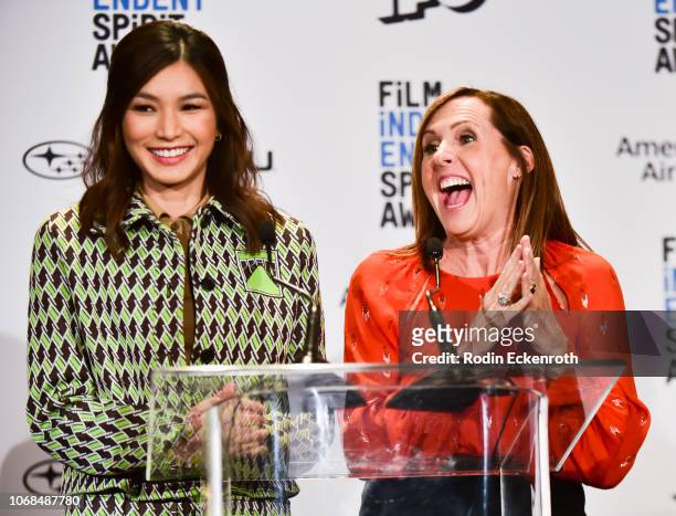 Actors Gemma Chan and Molly Shannon speak onstage at the 2019 Film Independent Spirit Awards Nomination Press Conference at W Hollywood on November...