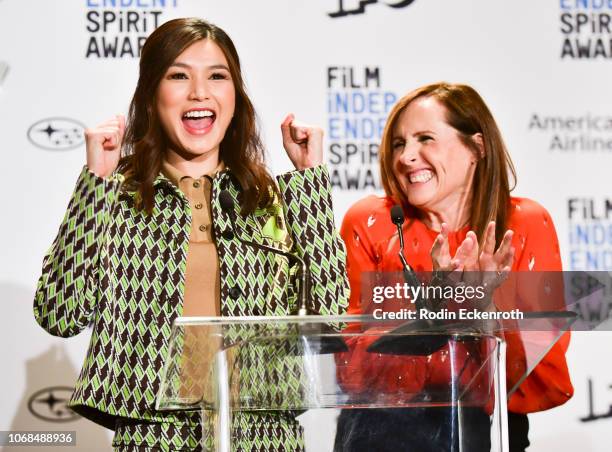 Actors Gemma Chan and Molly Shannon speak onstage at the 2019 Film Independent Spirit Awards Nomination Press Conference at W Hollywood on November...