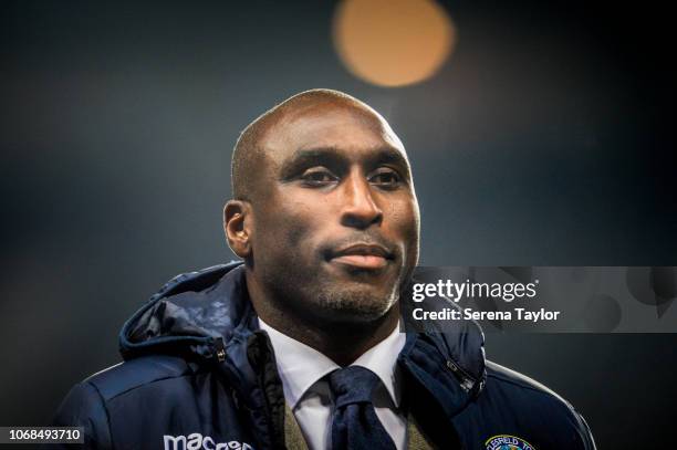 Macclesfield Town Manager Sol Campbell walks off the pitch after his team lose the penalty shoot out during the Checkatrade Trophy Match between...