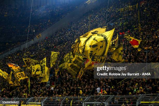General view of the yellow wall at Signal Iduna Park, the home stadium of Borussia Dortmund during the Group A match of the UEFA Champions League...