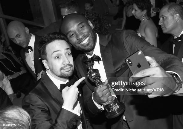 Lin-Manuel Miranda and Kobe Bryant attend the 2018 Vanity Fair Oscar Party hosted by Radhika Jones at Wallis Annenberg Center for the Performing Arts...