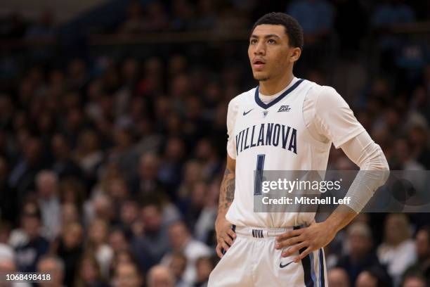 Jahvon Quinerly of the Villanova Wildcats looks on against the Michigan Wolverines at Finneran Pavilion on November 14, 2018 in Villanova,...