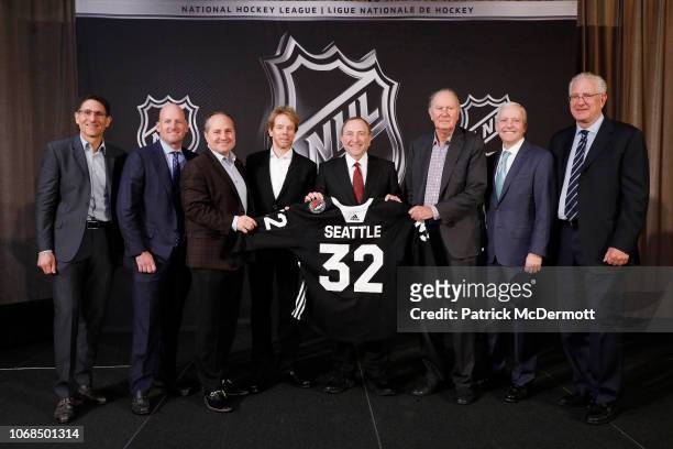 Adrian Hanauer, NHL Seattle franchise Vice-Chairman David Wright, Jay Deutsch, Jerry Bruckheimer, NHL Commissioner Gary Bettman, NHL Seattle...