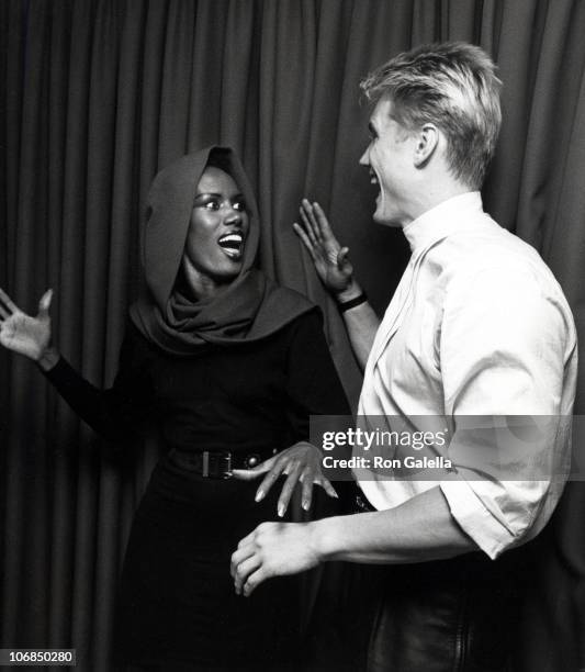 Grace Jones and Dolph Lundgren during Grace Jones Sighting at Les Tuilieries Restaurant in New York City - October 8, 1985 at Les Tuilieries...