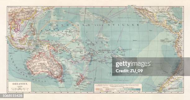 ilustraciones, imágenes clip art, dibujos animados e iconos de stock de mapa topográfico histórico de oceanía, litografía, publicado en 1897 - south pacific ocean