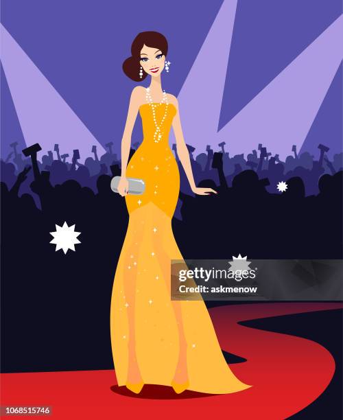 illustrations, cliparts, dessins animés et icônes de jeune femme star sur un tapis rouge - robe du soir